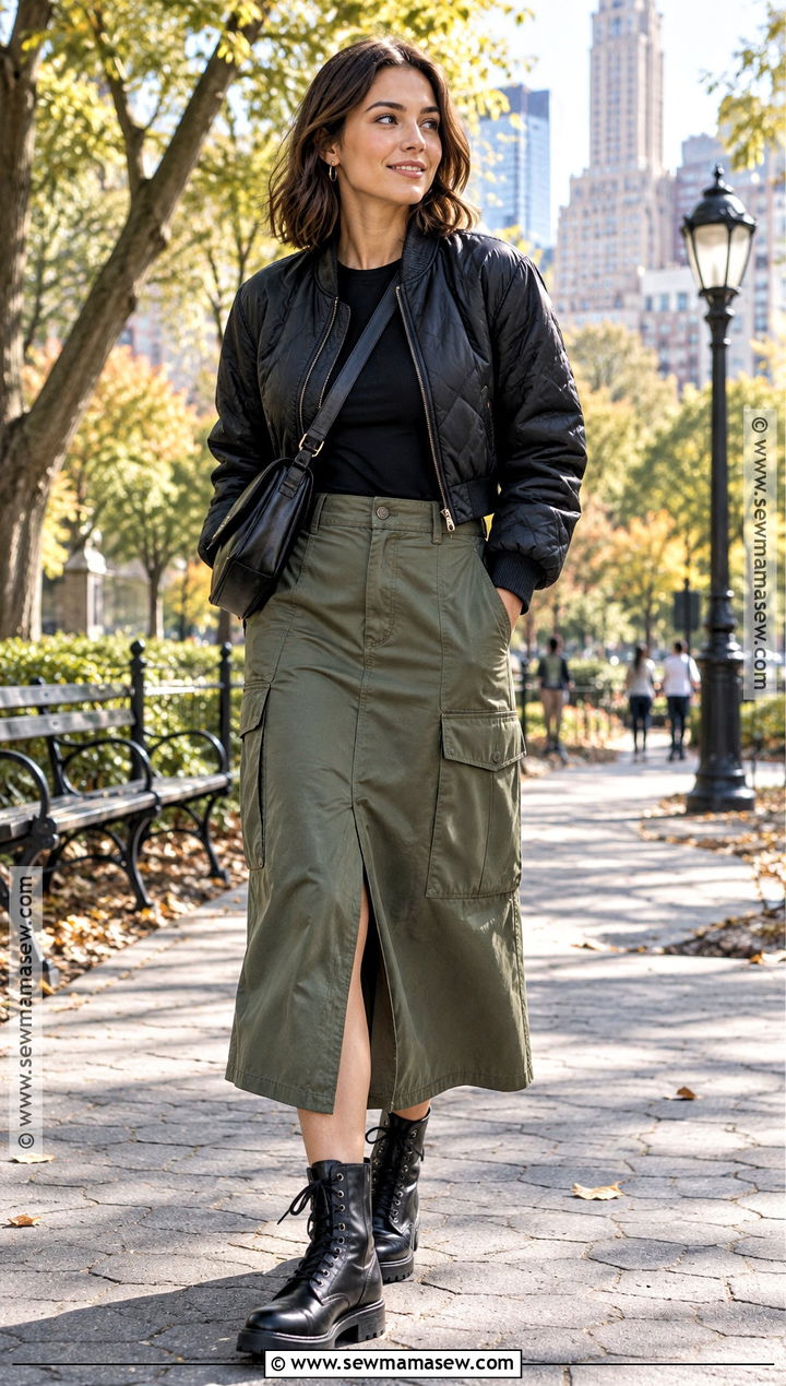 Green Utility Skirt With Combat Boots - 20 green skirt outfit fall ideas