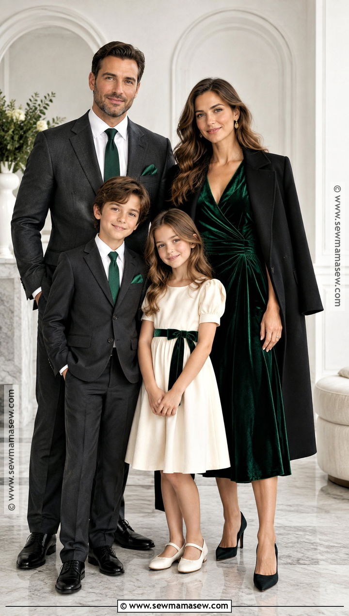 Green Velvet Dress With Black Family Outfits - 15 Green Dress Fall Family Photos Ideas