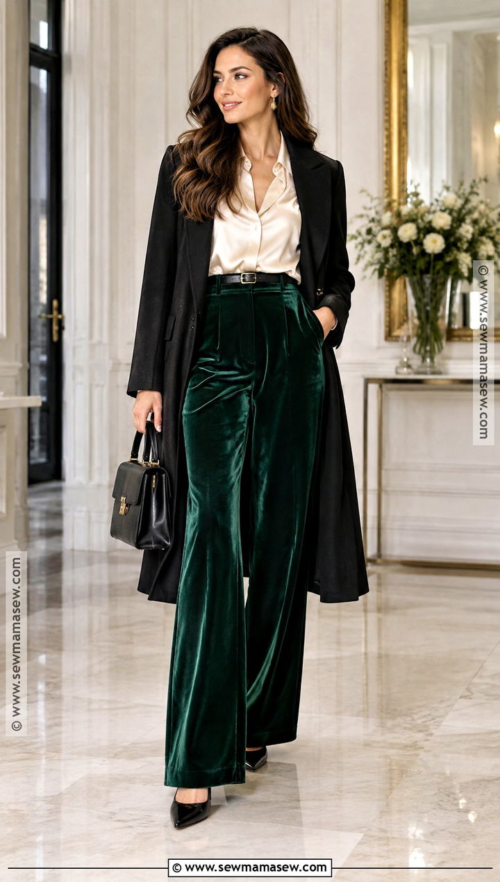 Green Velvet Pants With Satin Blouse and Pumps - 20 green pants fall outfit