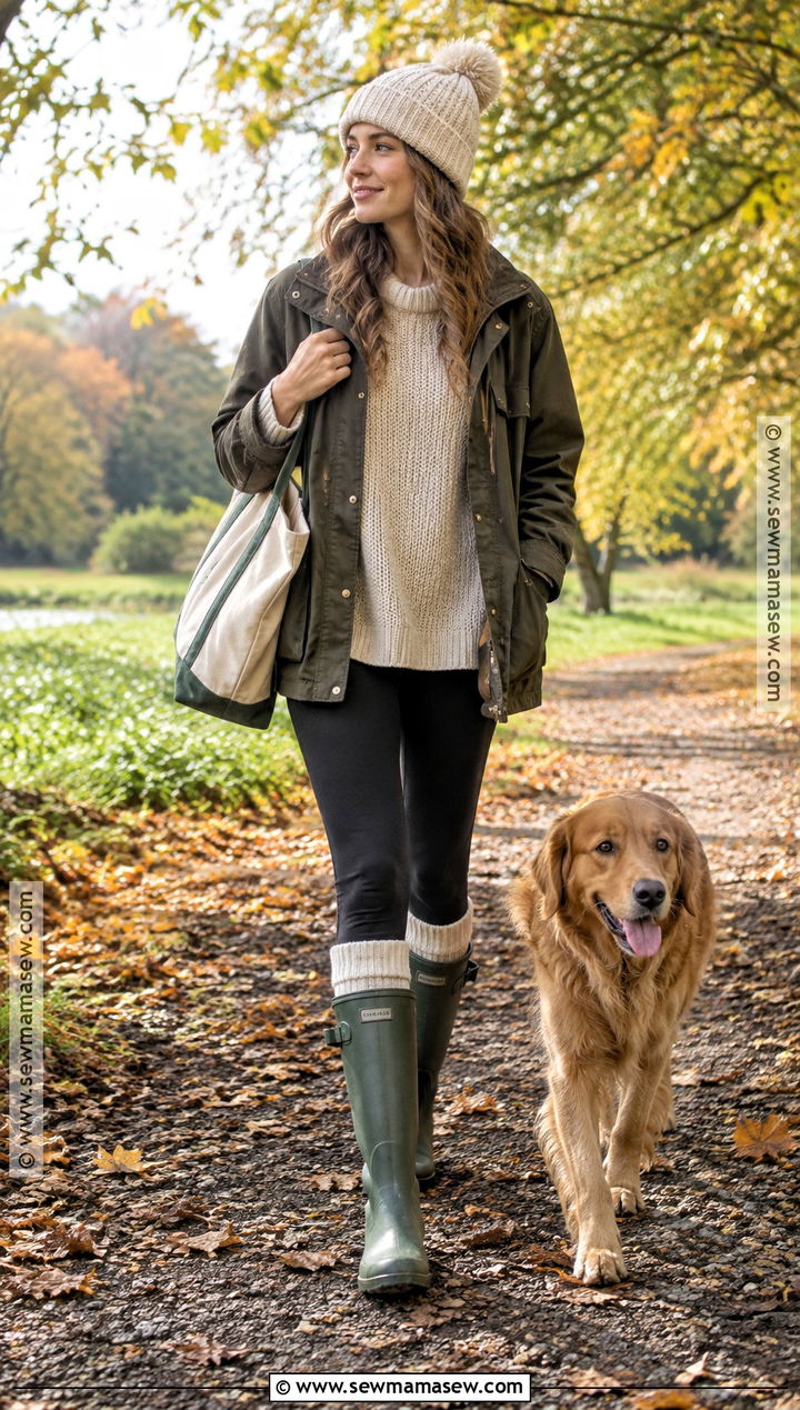 Green Wellies With Leggings And Oversized Sweater - 15 wellies outfit autumn ideas