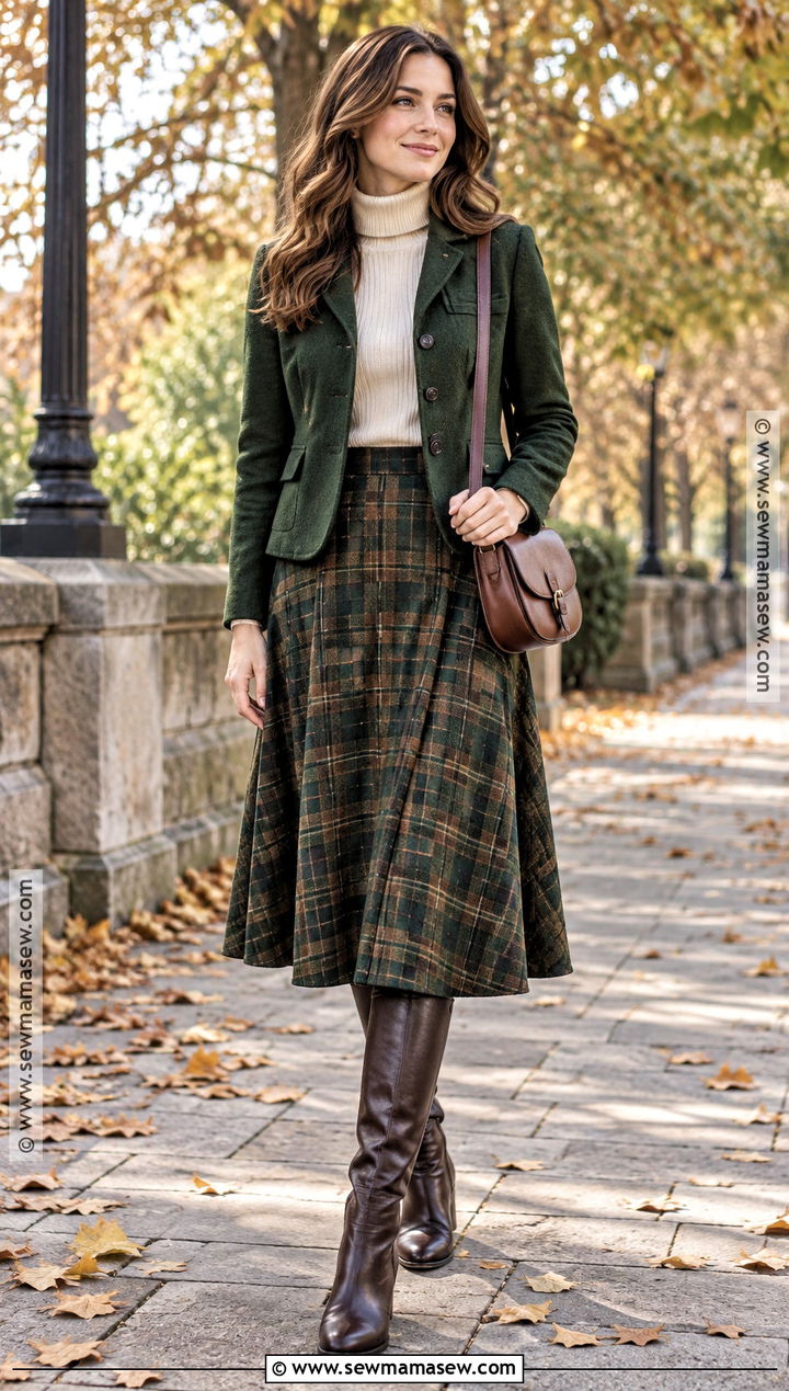 Green Wool Jacket With a Plaid Midi Skirt - 15 green wool jacket fall fashion ideas