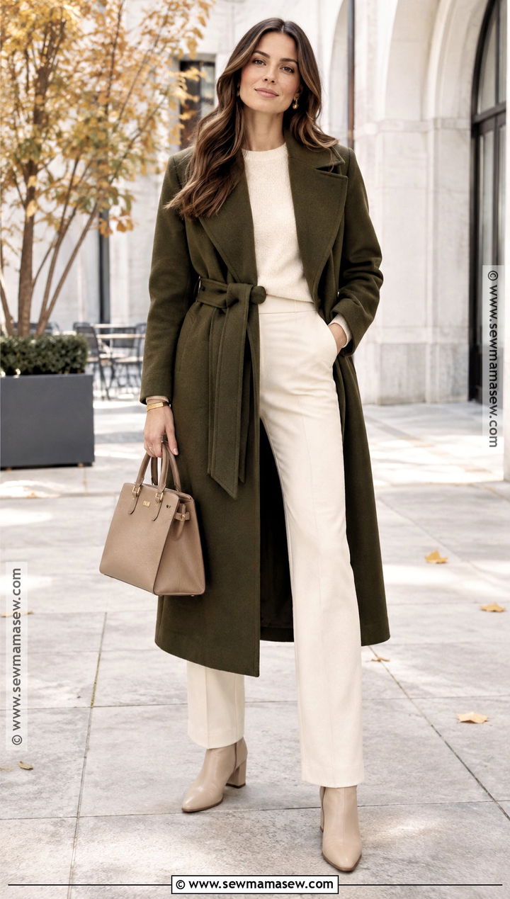 Green Wrap Coat With Monochrome Basics - 15 green fall coat ideas