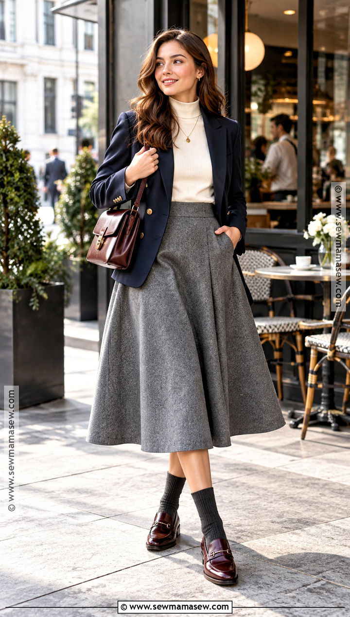 Grey A Line Midi Skirt With Navy Blazer - 20 grey skirt fall outfit ideas