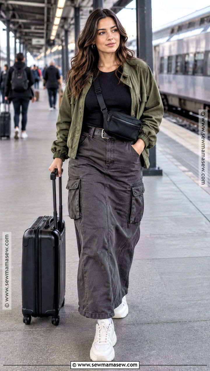 Grey Cargo Maxi Skirt With Ribbed Top - 20 grey skirt fall outfit ideas