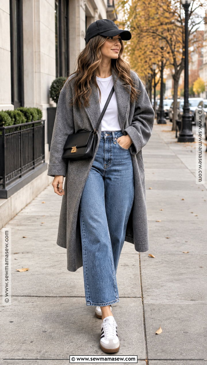 Grey Coat With Barrel Jeans and Baseball Cap - 15 grey coat fall outfit ideas