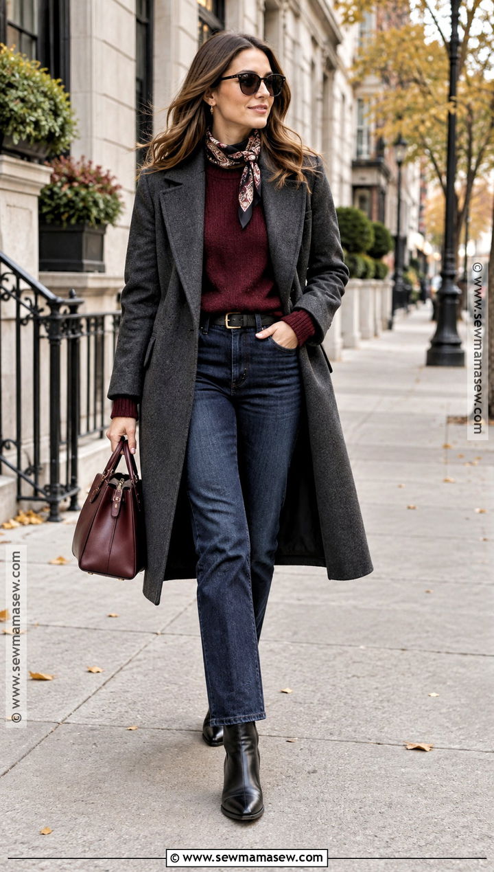 Grey Coat With Burgundy Sweater And Dark Denim - 15 grey coat outfit fall ideas