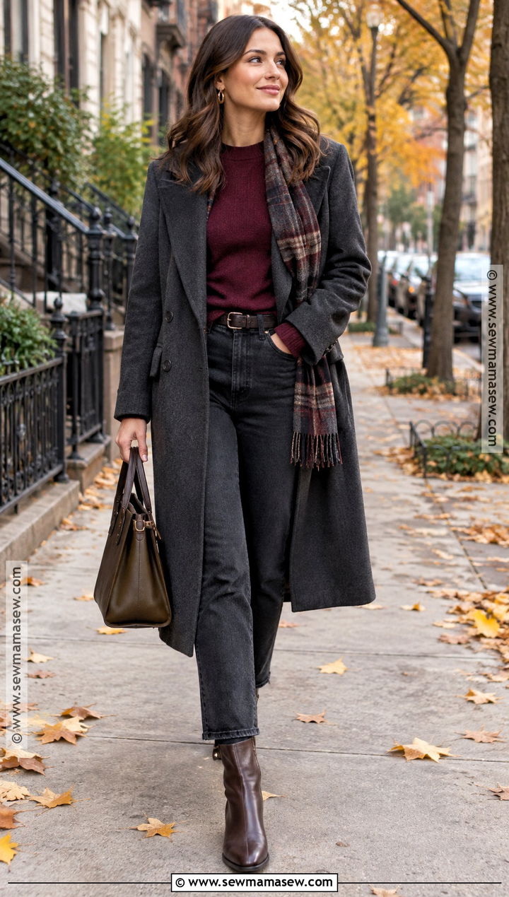 Grey Coat With Burgundy Sweater and Dark Denim - 15 grey coat fall outfit ideas