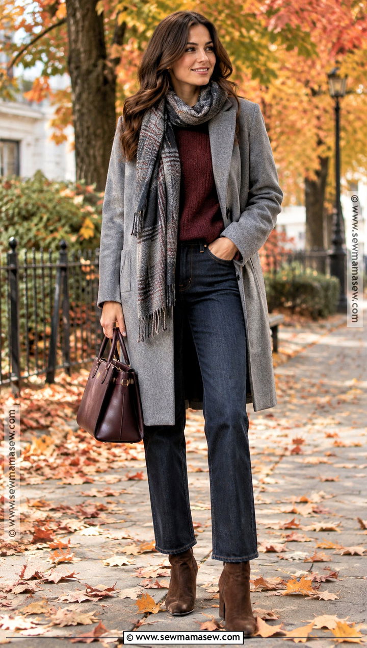 Grey Coat With Burgundy Sweater - 15 autumn outfits grey coat
