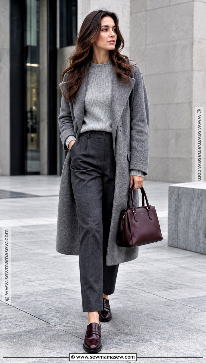 Grey Coat With Grey Knit and Tailored Trousers - 15 grey coat fall outfit ideas