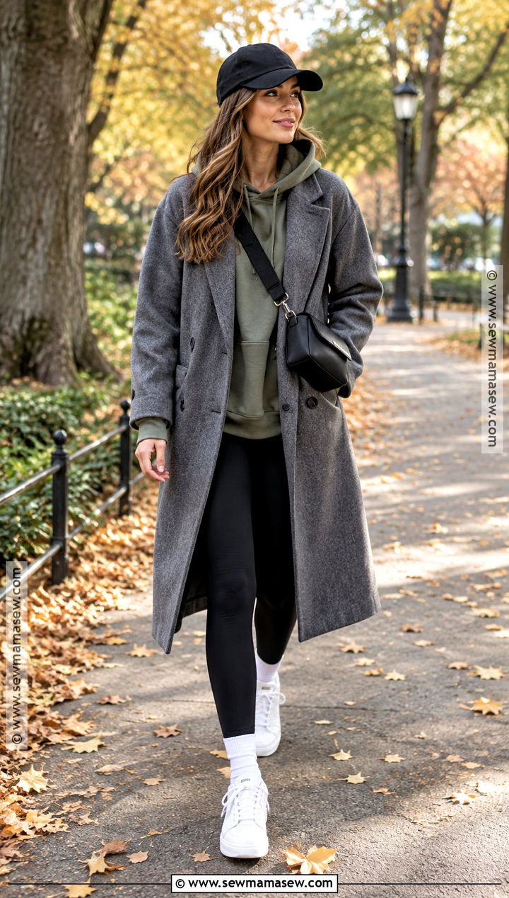 Grey Coat With Hoodie And Leggings - 15 grey coat outfit fall ideas