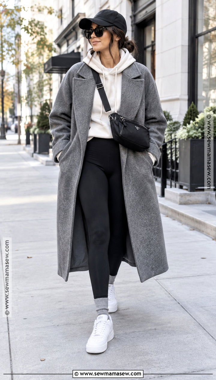 Grey Coat With Hoodie Leggings and Sneakers - 15 grey coat fall outfit ideas
