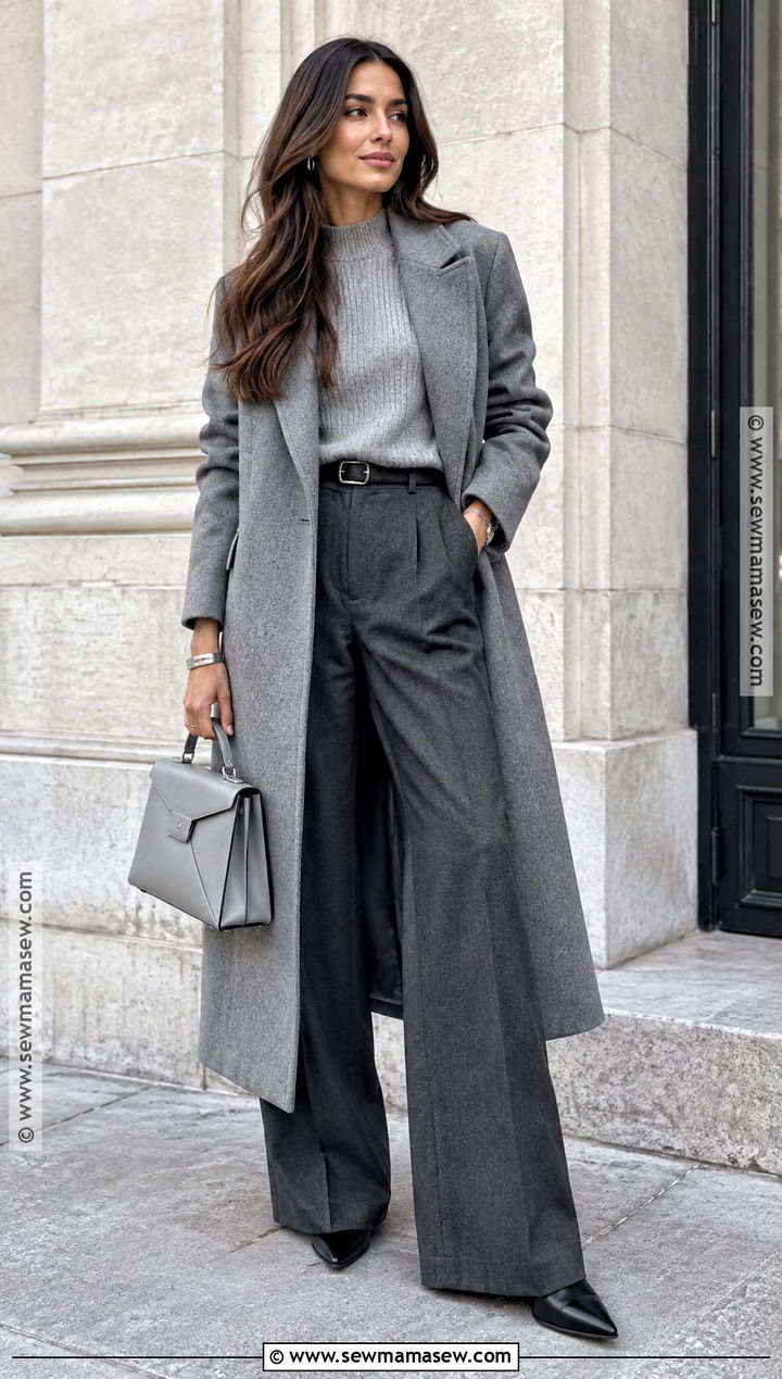 Grey Coat With Monochrome Grey Outfit - 15 autumn outfits grey coat