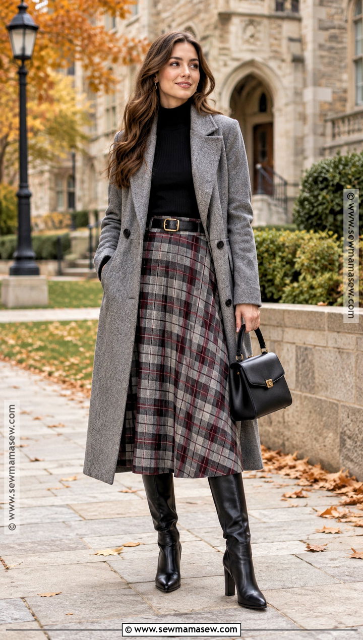 Grey Coat With Plaid Skirt and Tall Boots - 15 grey coat fall outfit ideas