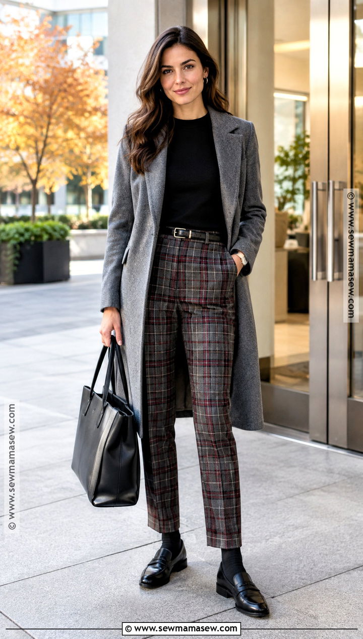 Grey Coat With Plaid Trousers And Loafers - 15 grey coat outfit fall ideas