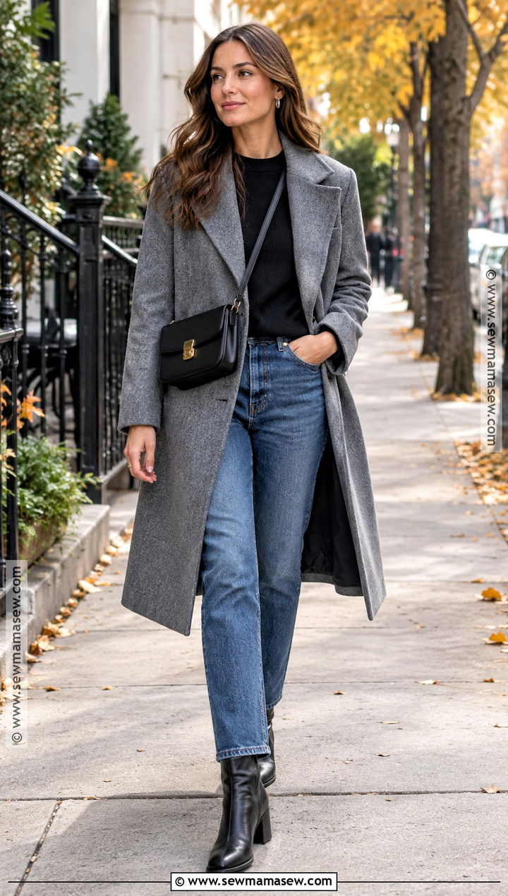 Grey Coat With Straight Leg Jeans and Ankle Boots - 15 grey coat fall outfit ideas