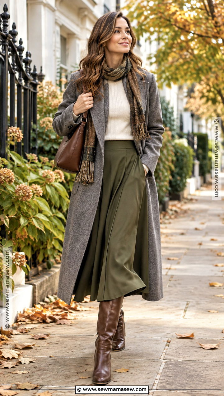 Grey Coat With Sweater And Midi Skirt - 15 grey coat outfit fall ideas