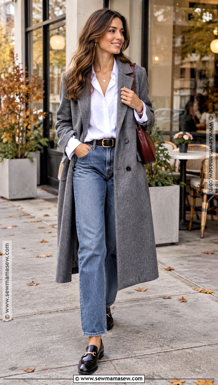 Grey Coat With White Shirt and Blue Jeans - 15 grey coat fall outfit ideas