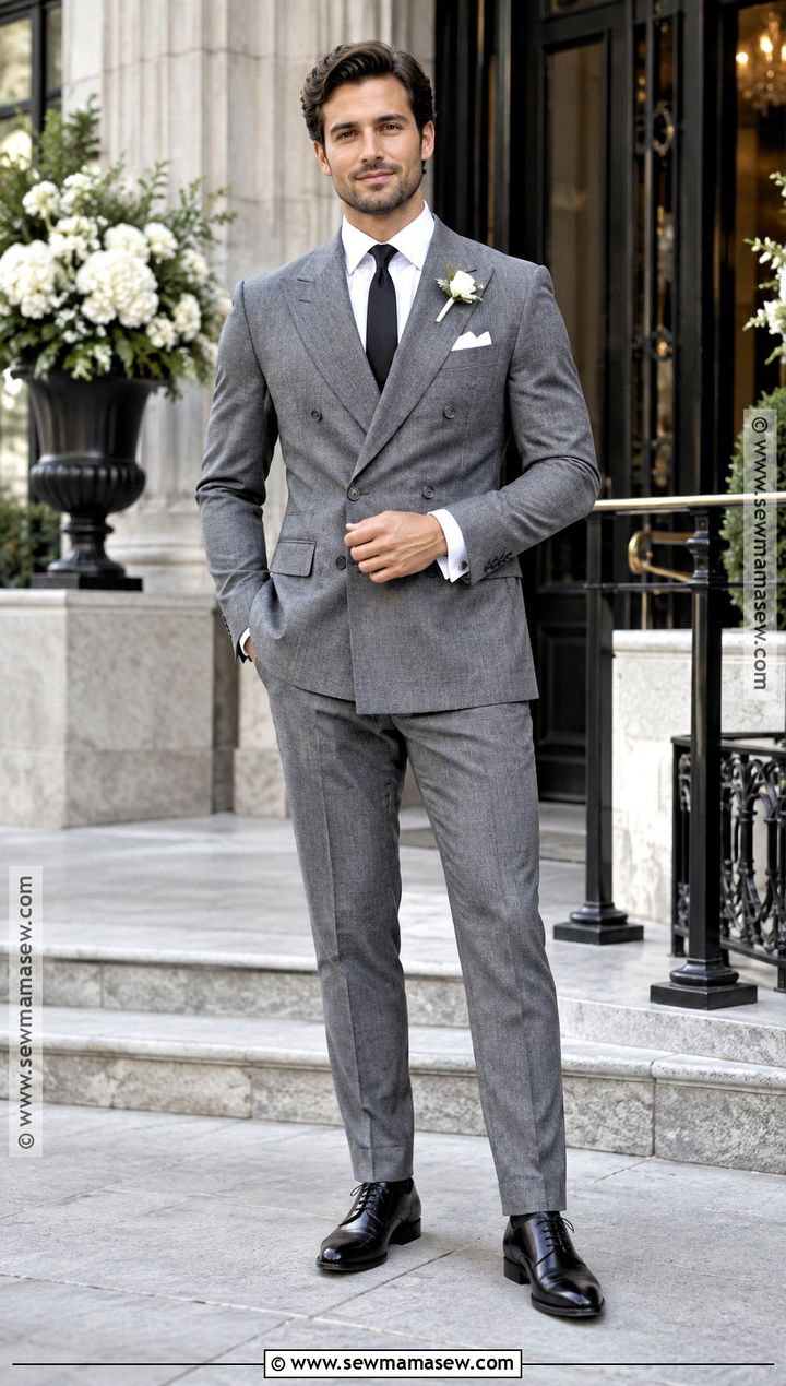 Grey Double Breasted Groom Suit With Black Accessories - 15 fall wedding groom attire grey ideas