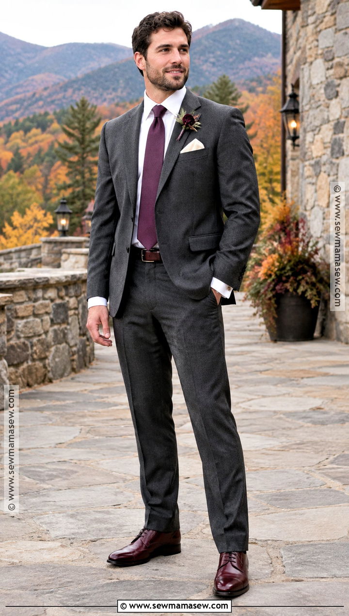 Grey Flannel Groom Suit With Oxblood Shoes - 15 fall wedding groom attire grey ideas