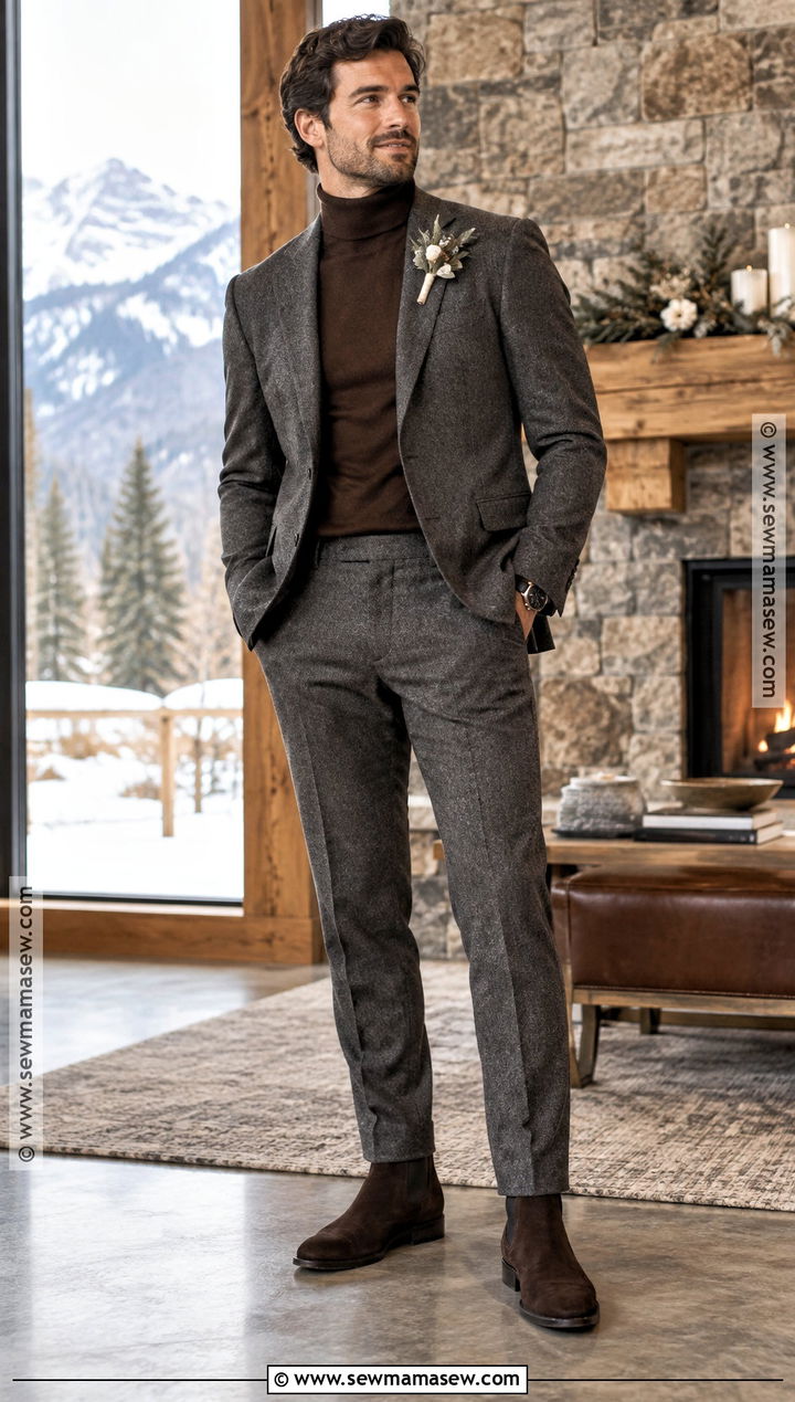Grey Groom Suit With Brown Turtleneck - 15 fall wedding groom attire grey ideas