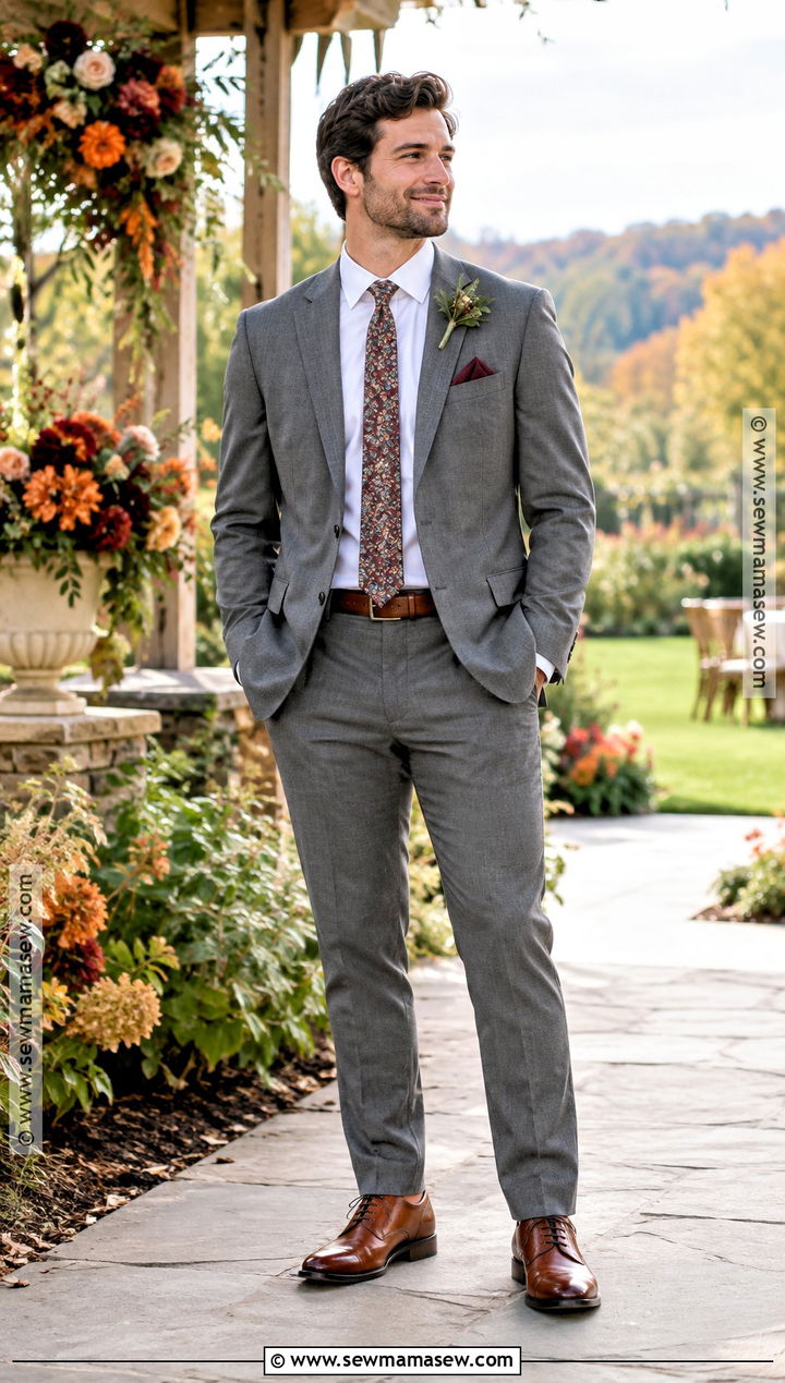 Grey Groom Suit With Floral Tie And Cognac Shoes - 15 fall wedding groom attire grey ideas
