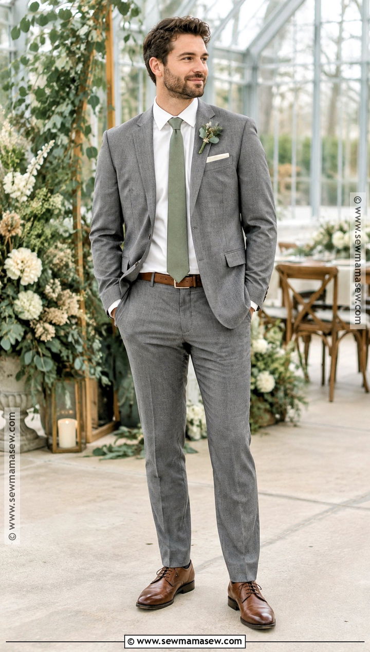 Grey Groom Suit With Sage Green Tie - 15 fall wedding groom attire grey ideas