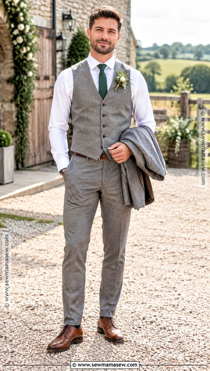 Grey Groom Vest And Trousers With White Shirt - 15 fall wedding groom attire grey ideas