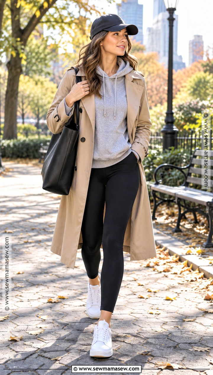 Grey Hoodie With Leggings And A Trench Coat - 20 grey outfit fall ideas