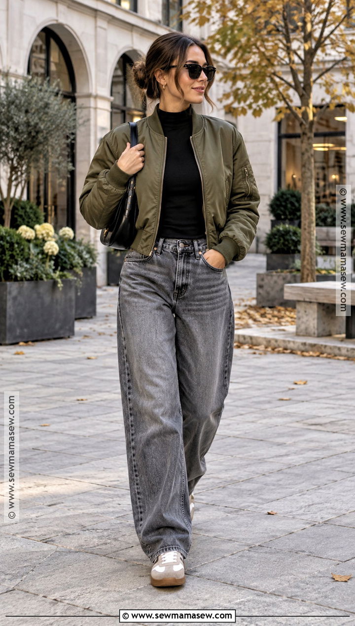 Grey Jeans With Bomber Jacket and Retro Sneakers - 20 grey jeans outfit fall