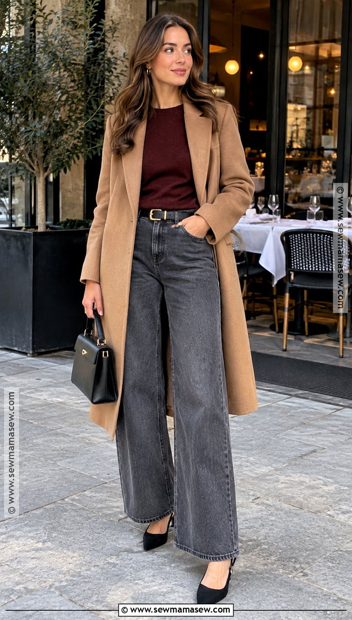 Grey Jeans With Burgundy Sweater and Slingback Heels - 20 grey jeans outfit fall