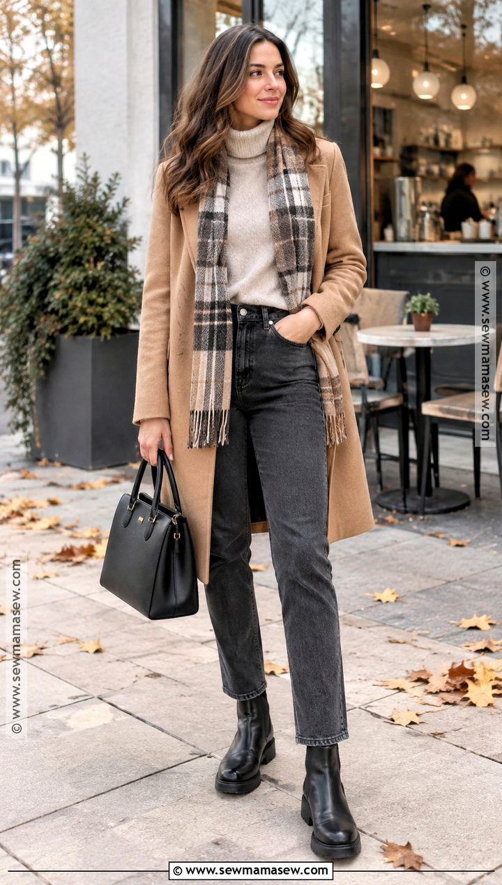 Grey Jeans With Camel Coat and Chelsea Boots - 20 grey jeans outfit fall