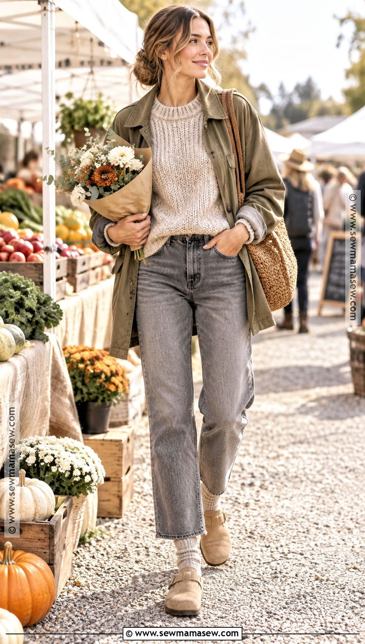 Grey Jeans With Chunky Sweater and Clogs - 20 grey jeans outfit fall