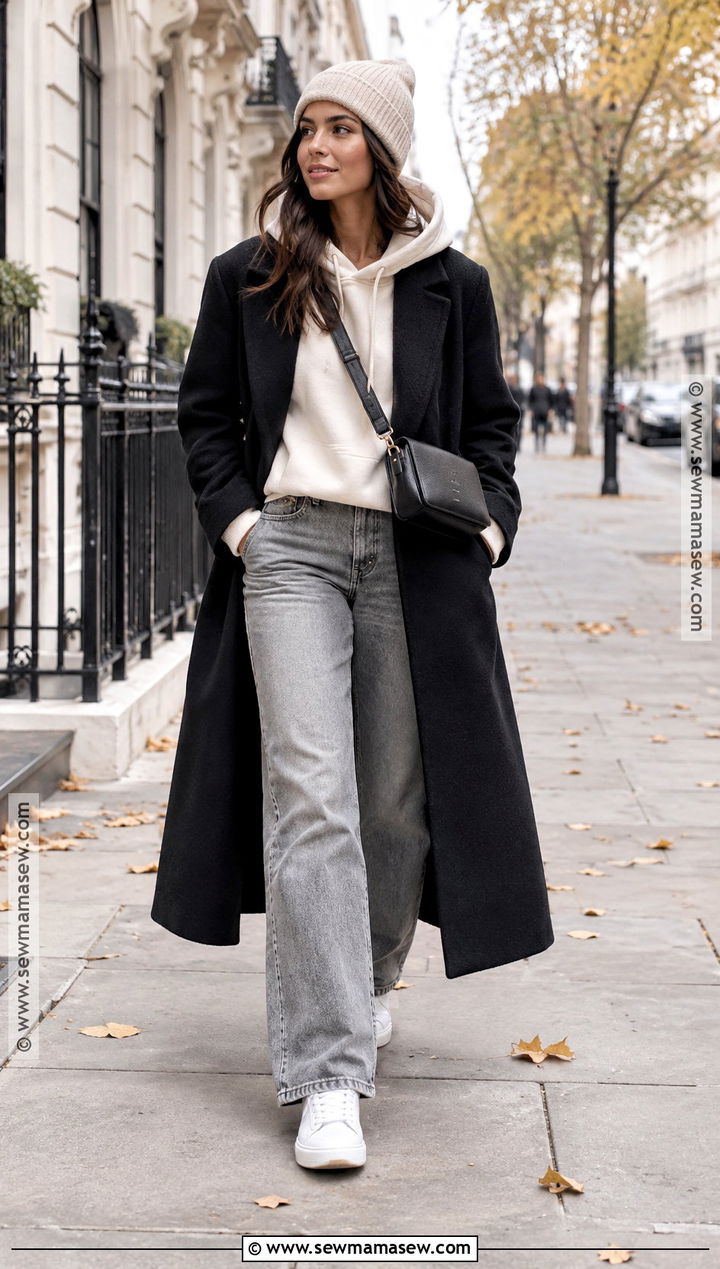 Grey Jeans With Hoodie and Wool Coat - 20 grey jeans outfit fall