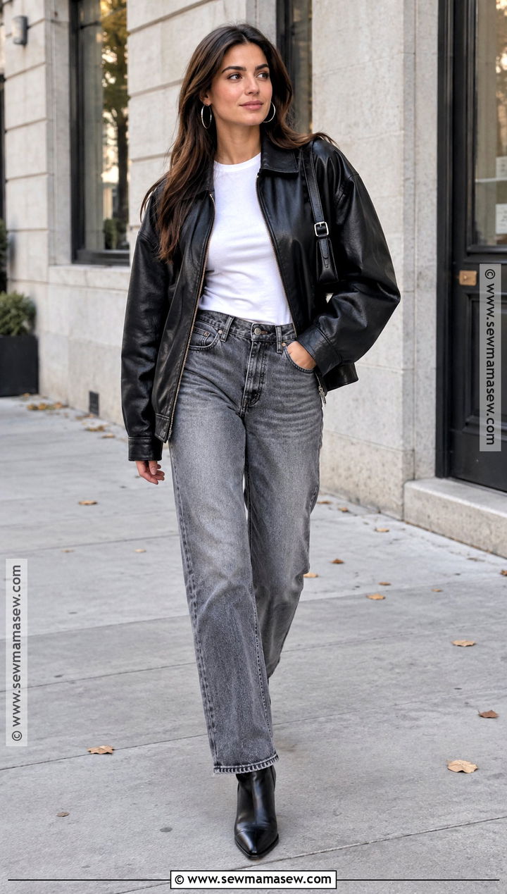 Grey Jeans With Leather Jacket and Ankle Boots - 20 grey jeans outfit fall