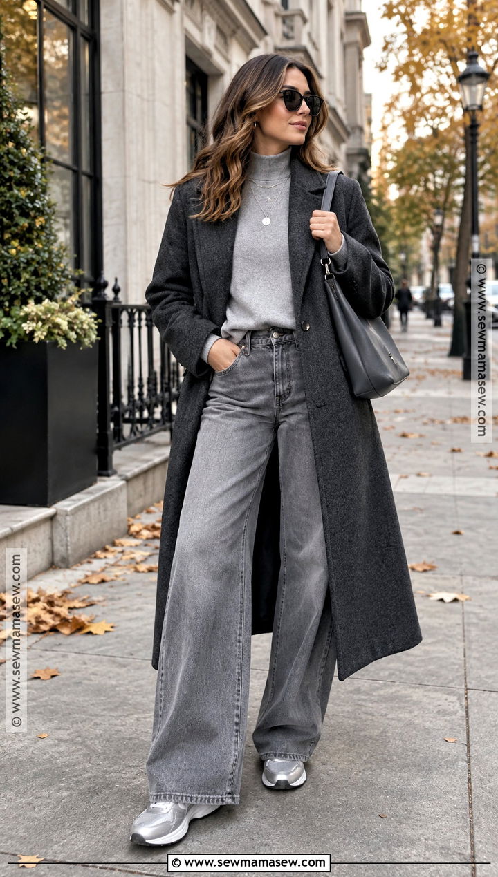 Grey Jeans With Monochrome Layers and Silver Sneakers - 20 grey jeans outfit fall