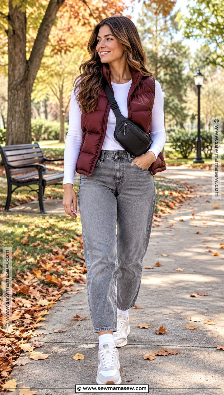 Grey Jeans With Puffer Vest and Sneakers - 20 grey jeans outfit fall