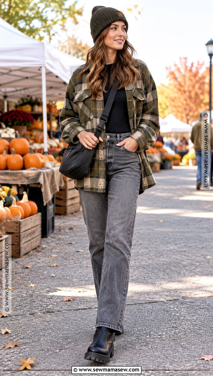 Grey Jeans With Shacket and Lug Sole Boots - 20 grey jeans outfit fall