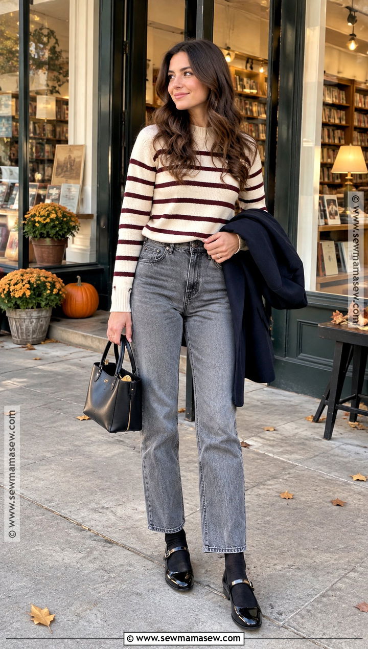 Grey Jeans With Striped Sweater and Mary Janes - 20 grey jeans outfit fall