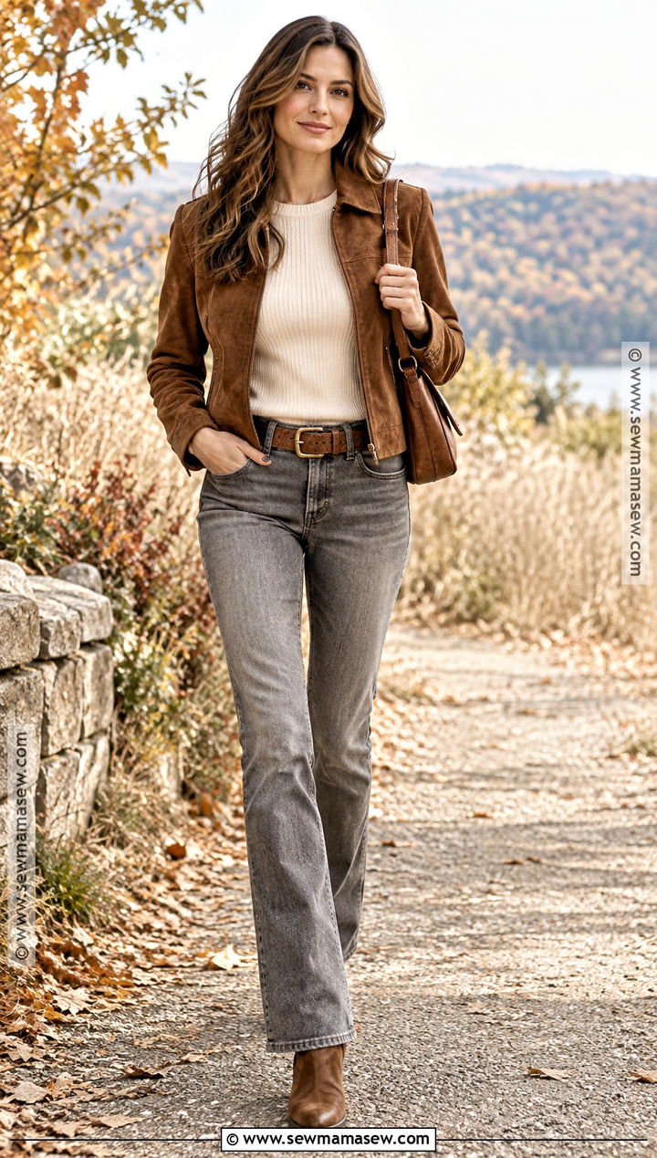 Grey Jeans With Suede Jacket and Western Boots - 20 grey jeans outfit fall