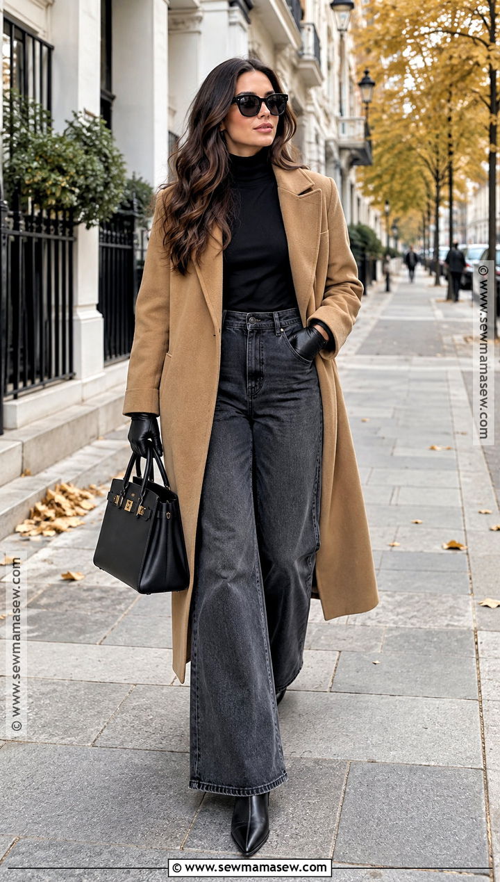 Grey Jeans With Turtleneck and Long Coat - 20 grey jeans outfit fall