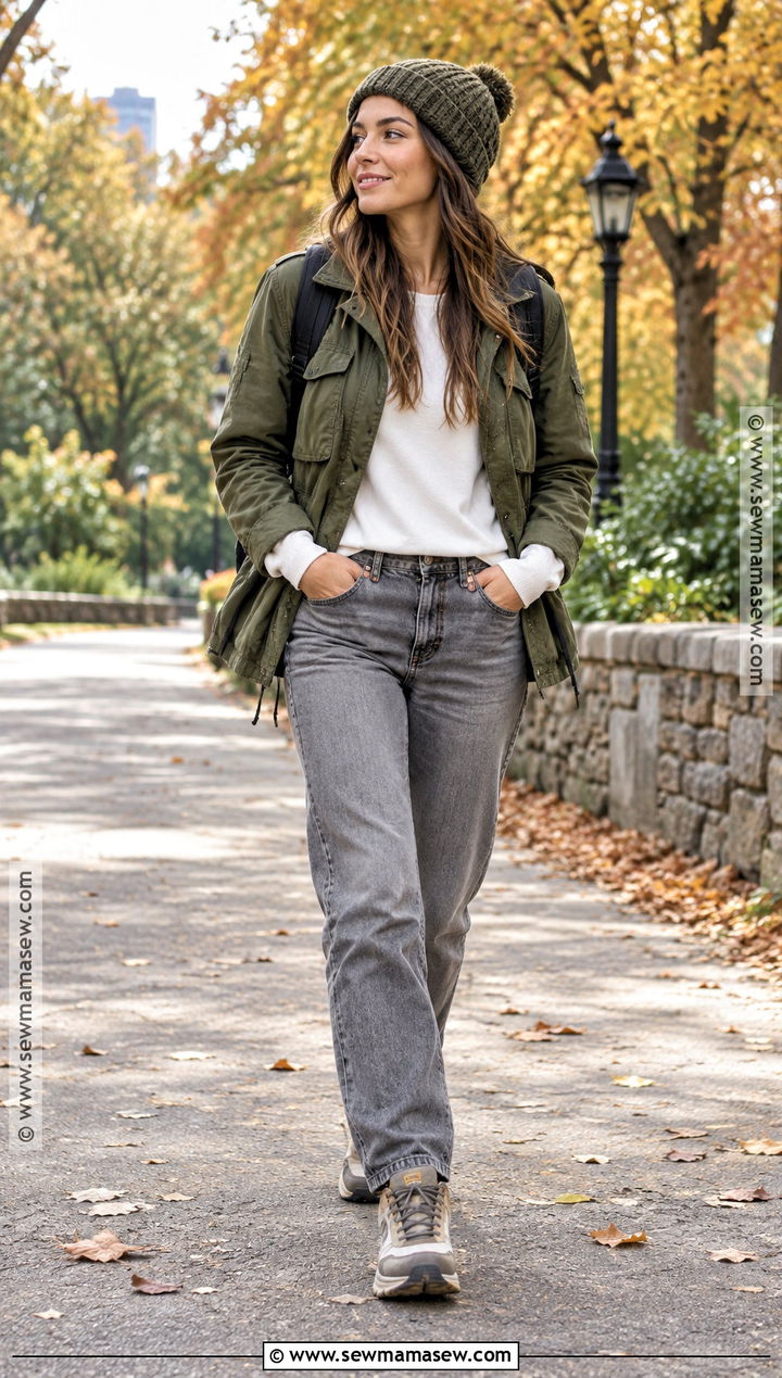 Grey Jeans With Utility Jacket and Hiking Sneakers - 20 grey jeans outfit fall