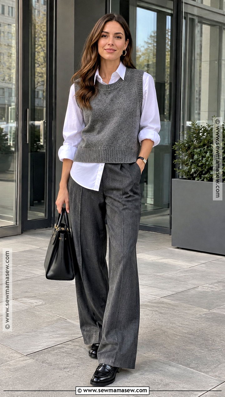 Grey Knit Vest With Shirt And Trousers - 20 grey outfit fall ideas
