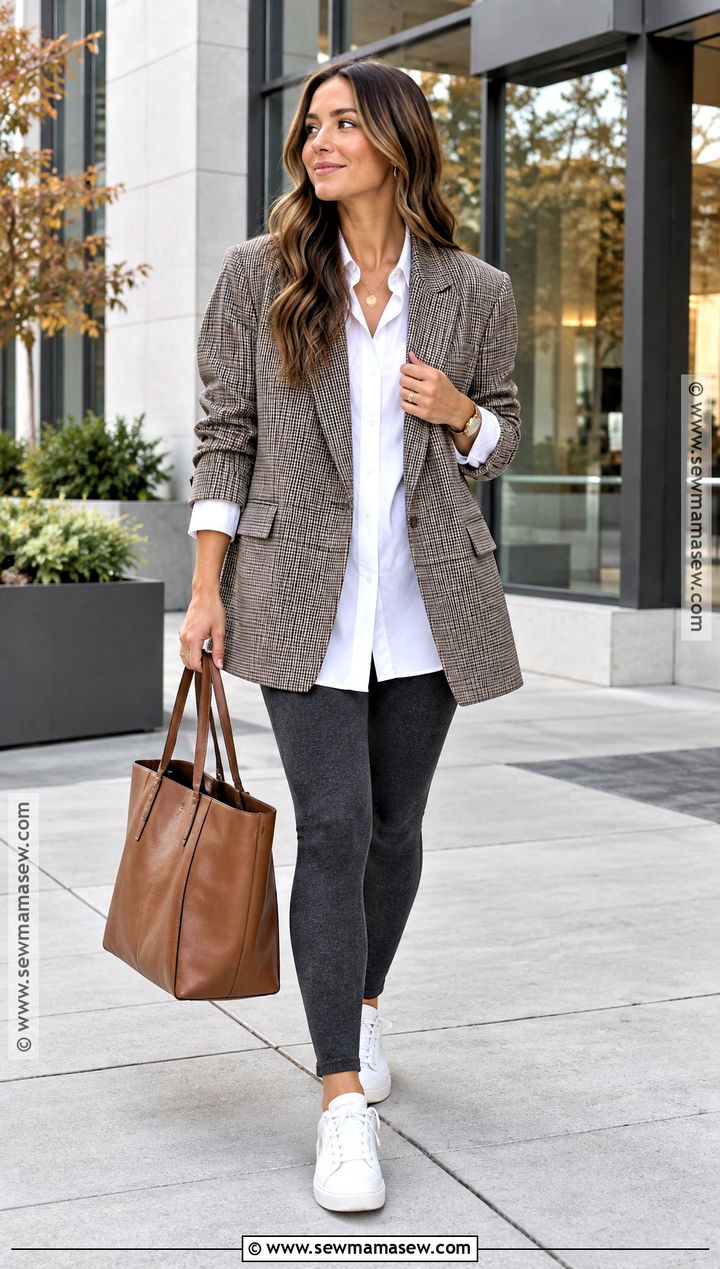 Grey Leggings With Blazer And White Sneakers - 20 grey leggings outfit fall
