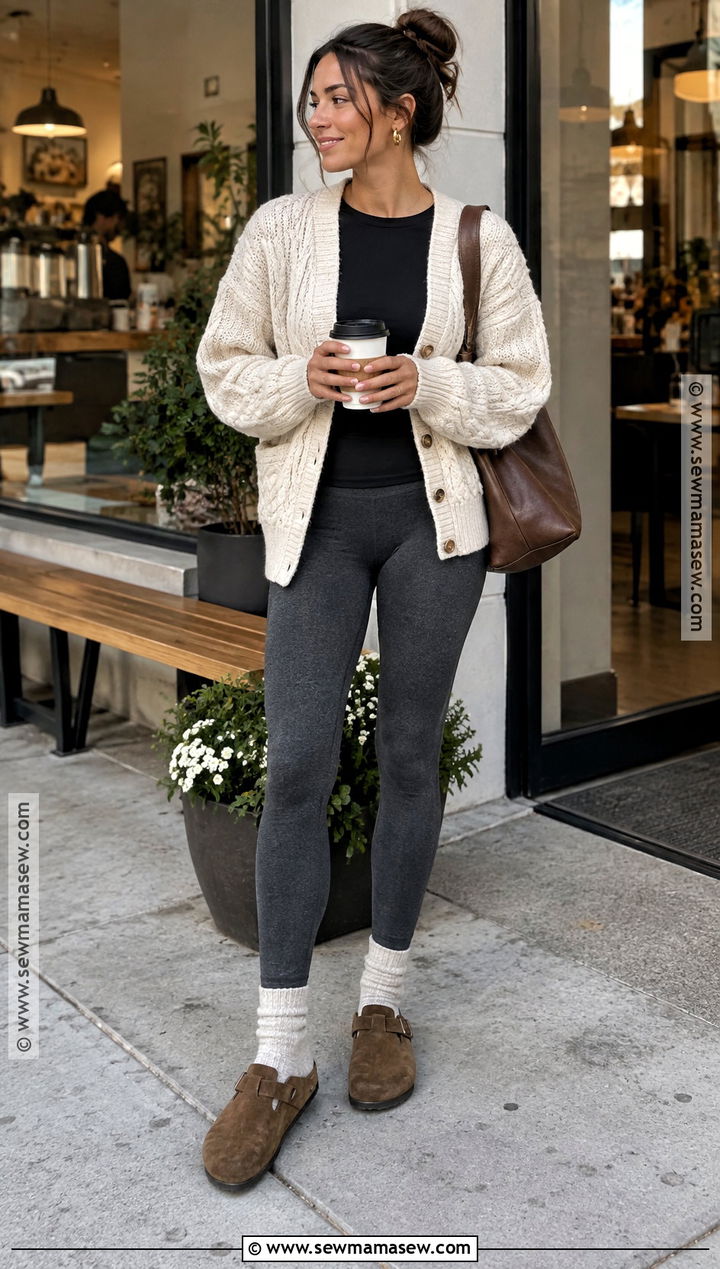 Grey Leggings With Cable Knit Cardigan And Clogs - 20 grey leggings outfit fall