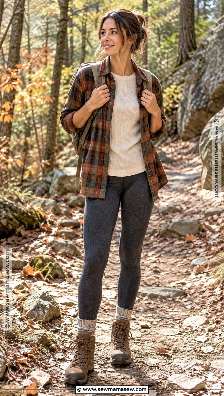 Grey Leggings With Flannel Shirt And Hiking Boots - 20 grey leggings outfit fall