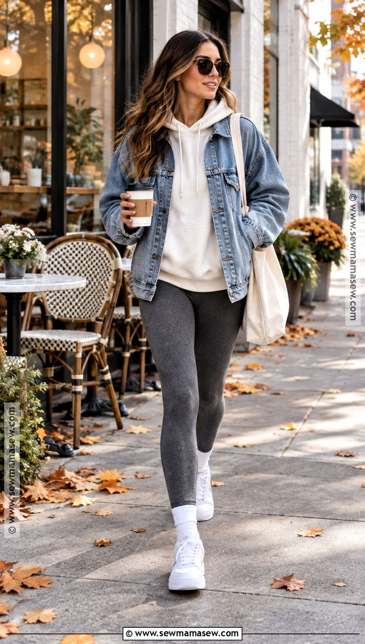 Grey Leggings With Hoodie And Denim Jacket - 20 grey leggings outfit fall