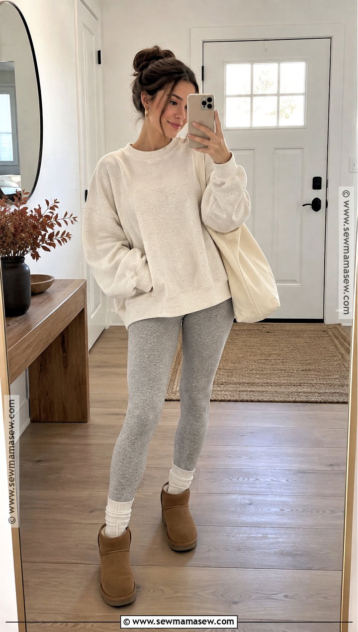 Grey Leggings With Sweatshirt And Mini Boots - 20 grey leggings outfit fall