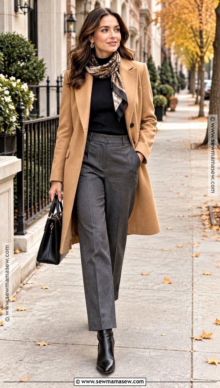 Grey Pants With Camel Coat And Black Knit - 20 grey pants outfit autumn