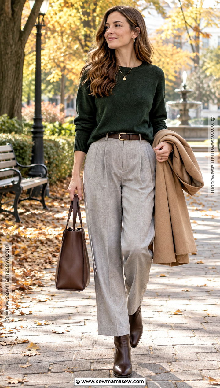 Grey Pants With Forest Green Sweater And Brown Boots - 20 grey pants outfit autumn