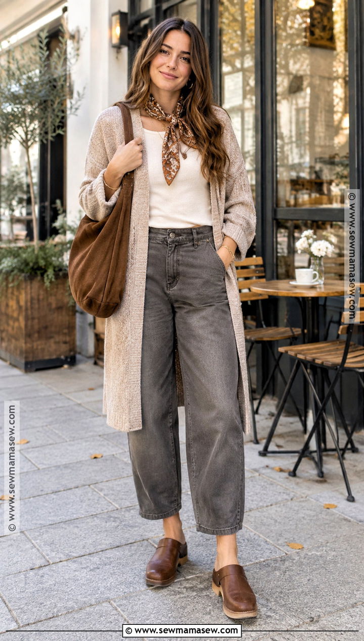 Grey Pants With Long Cardigan And Clogs - 20 grey pants outfit autumn